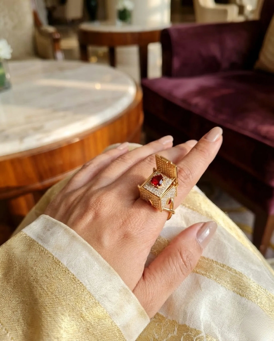 Orneza Royal Box Ring with Heart Ruby and Pavé Crystals