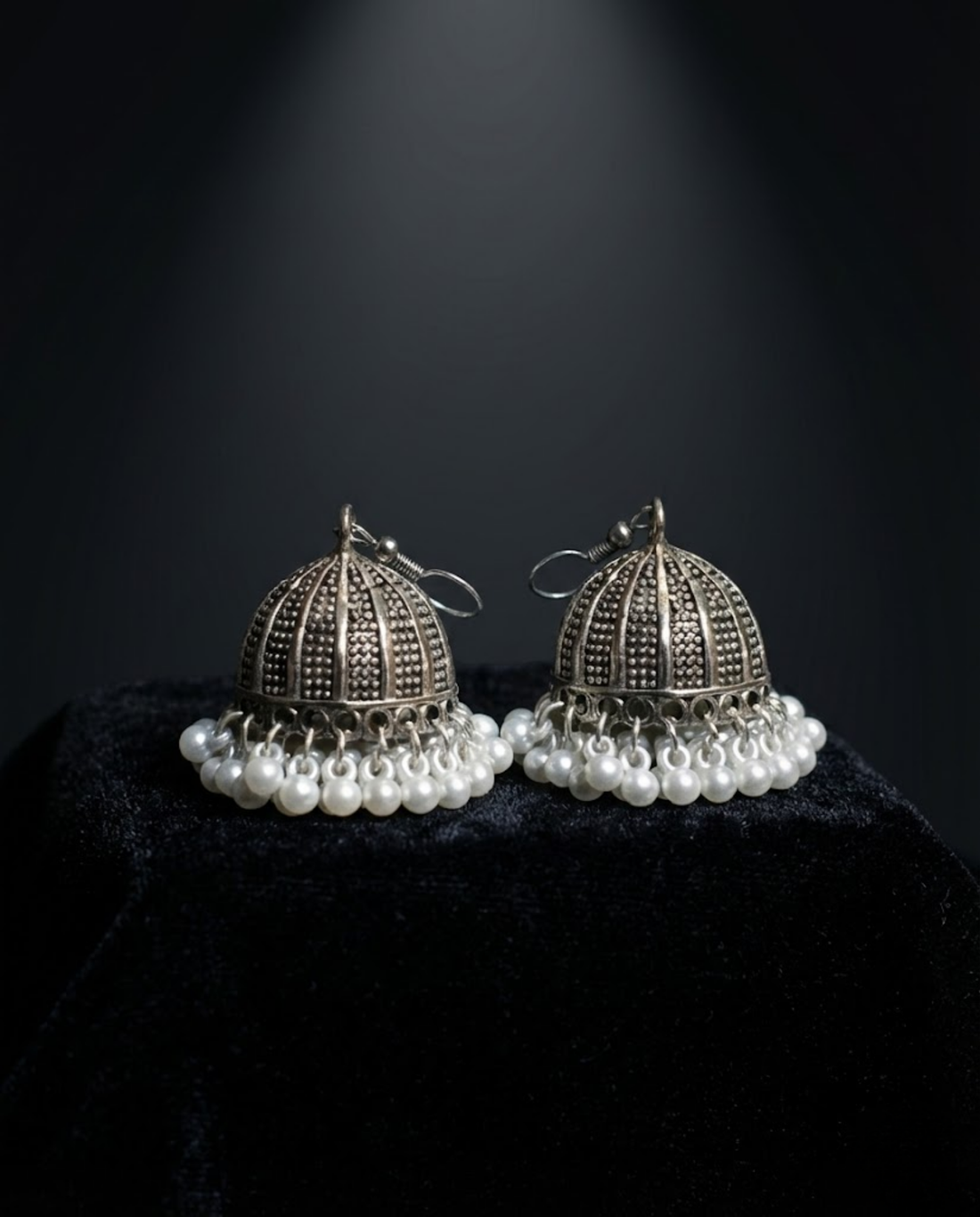 Antique Silver Pearl Jhumka Earrings by Orneza