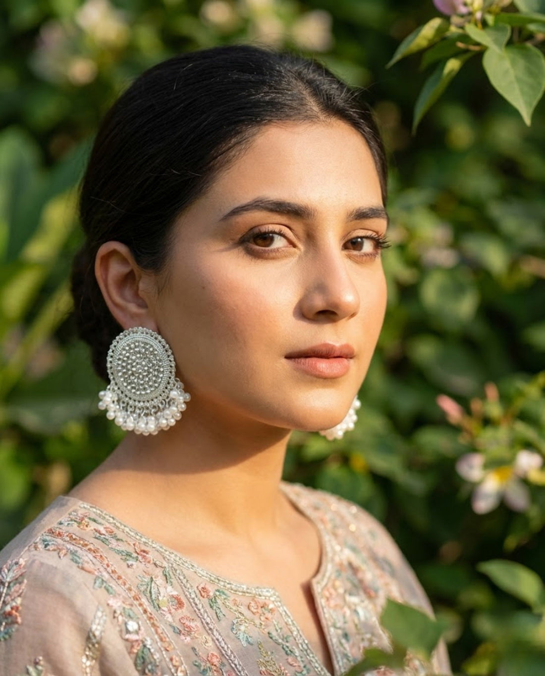Silver Pearl Stud Earrings with Crystal Chandbali Detail
