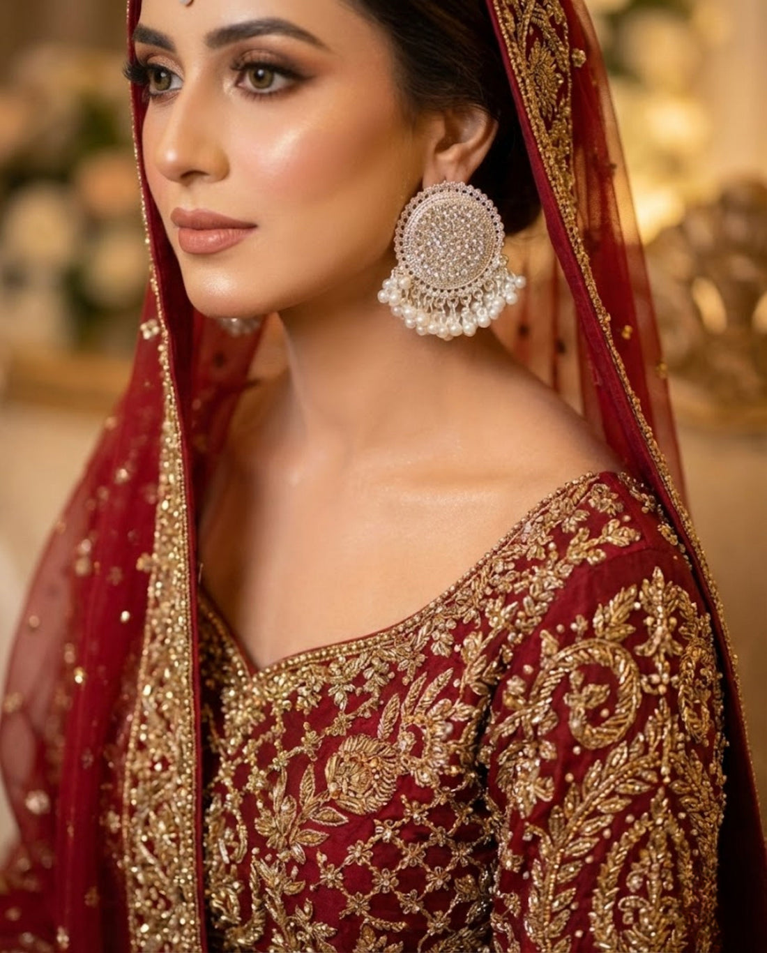 Silver Pearl Stud Earrings with Crystal Chandbali Detail