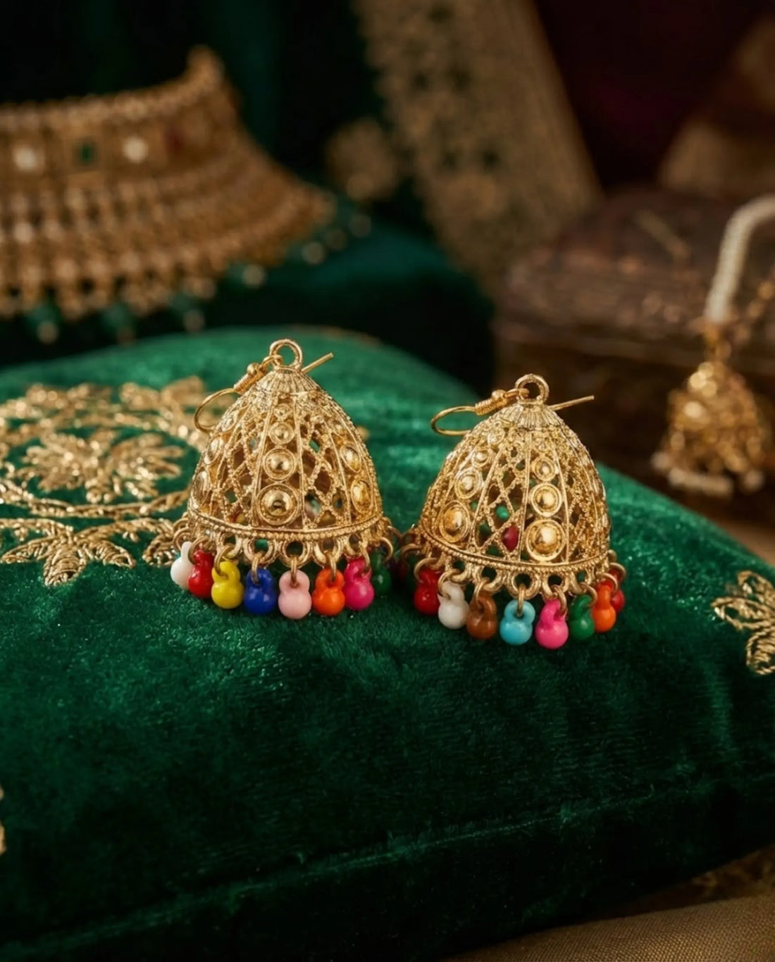 Orneza Multi-Color Beaded Gold Jhumka Earrings