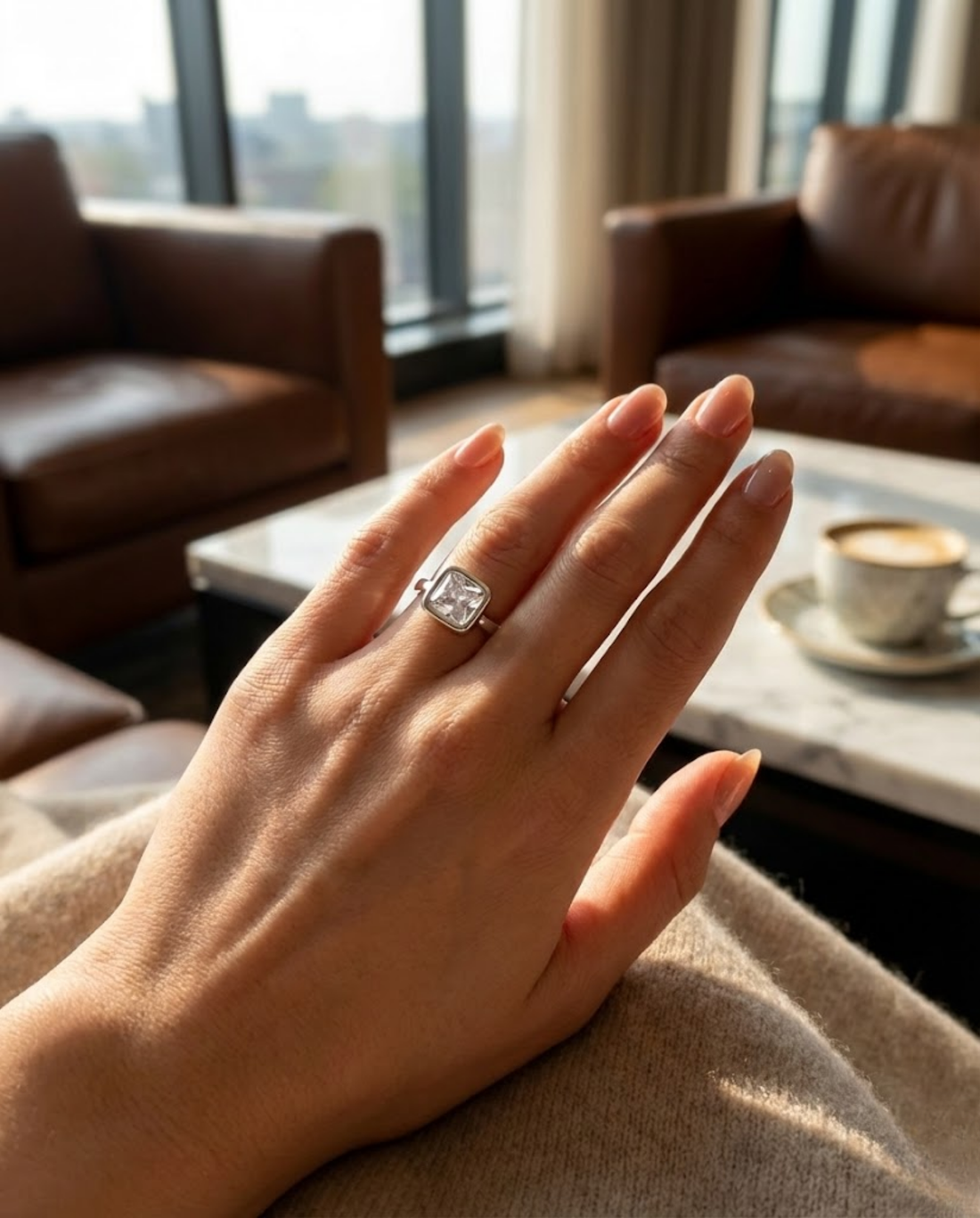 Orneza Princess Cut Bezel Set Sterling Silver Ring