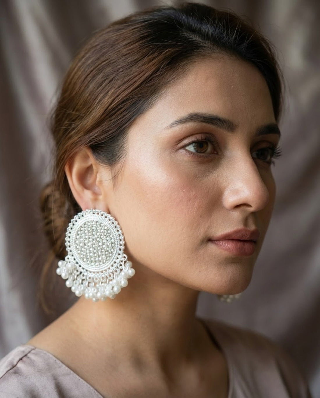 Silver Pearl Stud Earrings with Crystal Chandbali Detail