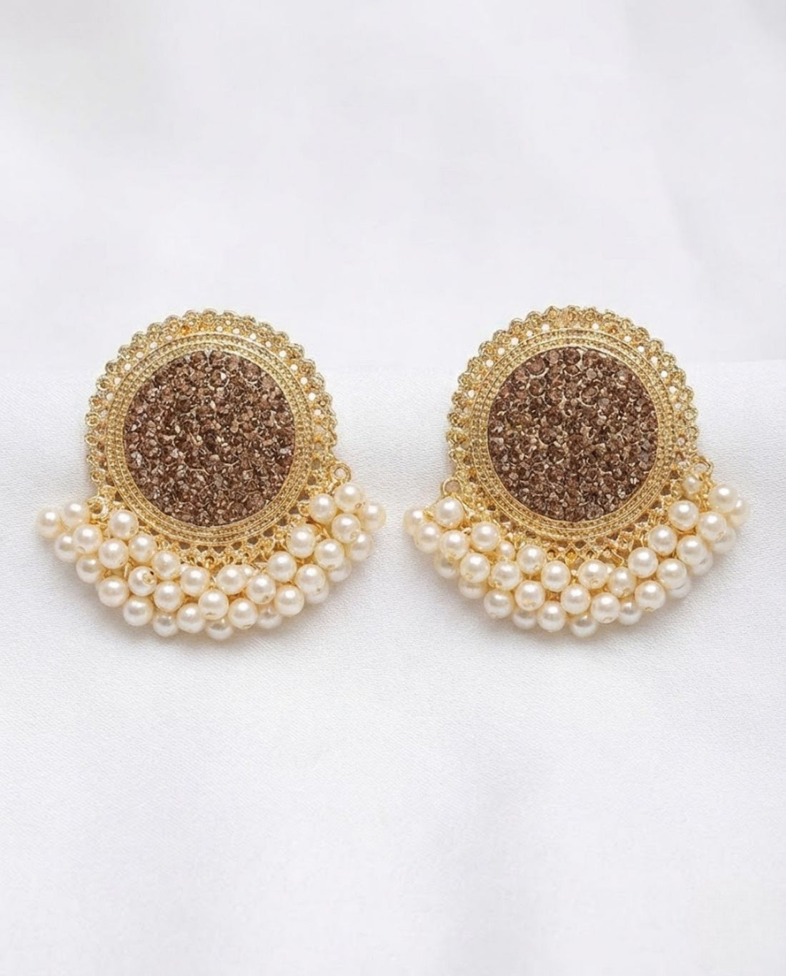 Antique Gold Crystal Stud Earrings with Cream Pearl Drops
