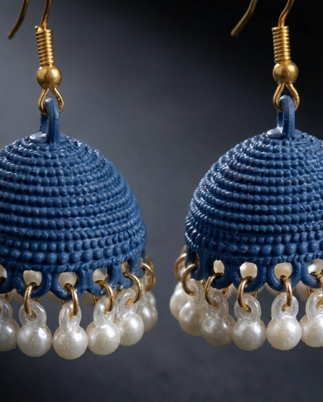 Navy Blue Textured Jhumka Earrings with Pearl Droplets