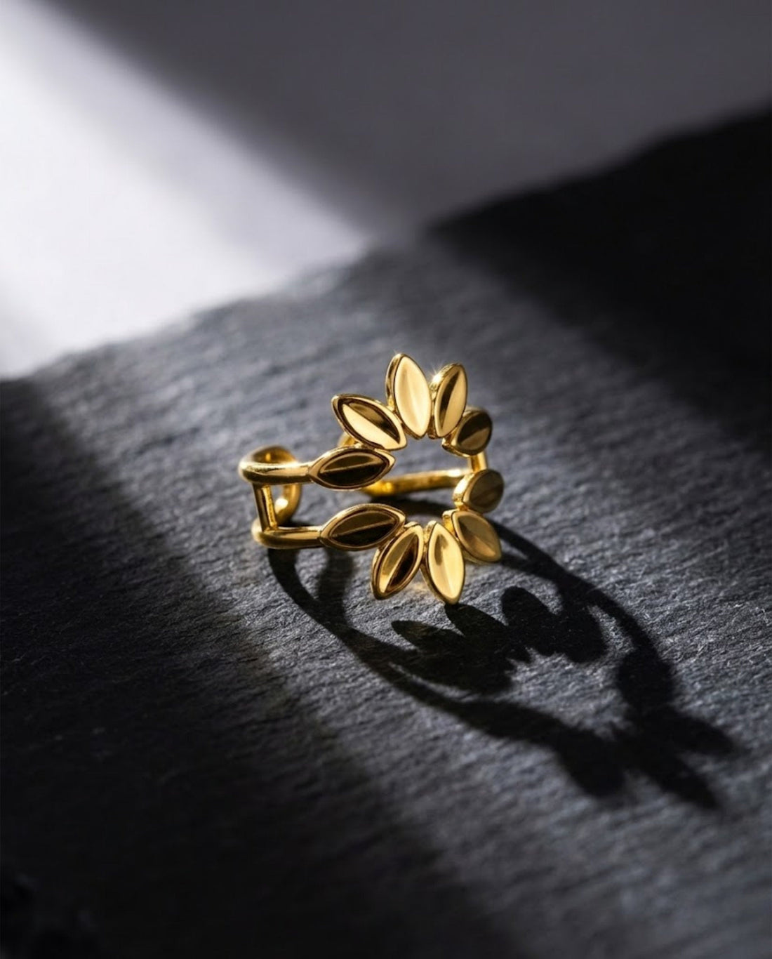 Orneza Gold Plated Laurel Leaf Adjustable Statement Ring