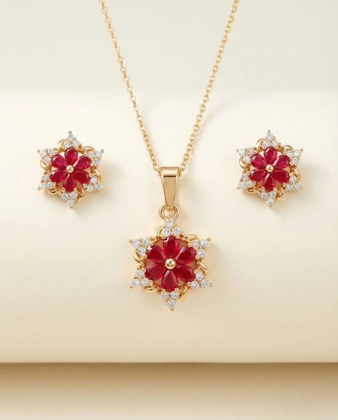 Orneza Scarlet Bloom Floral Crystal Jewelry Set