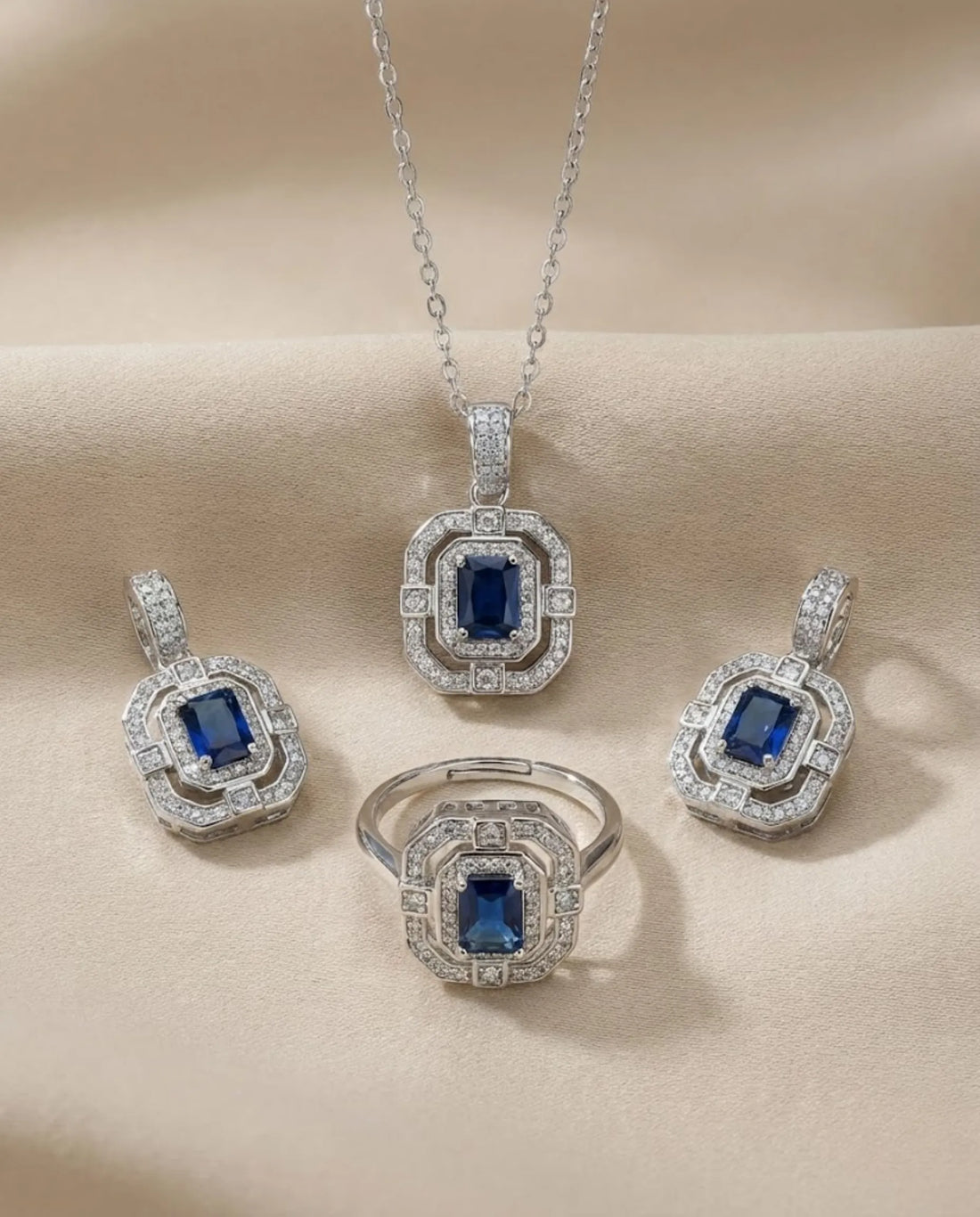 Orneza Sapphire Azure Halo Silver Jewelry Set