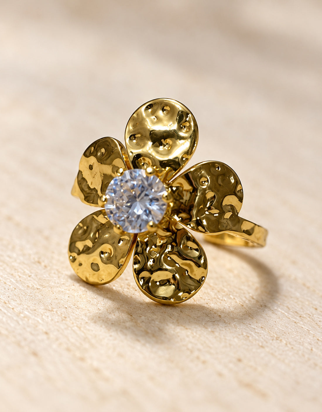 Orneza Gold-Tone Hammered Flower Ring — detail view