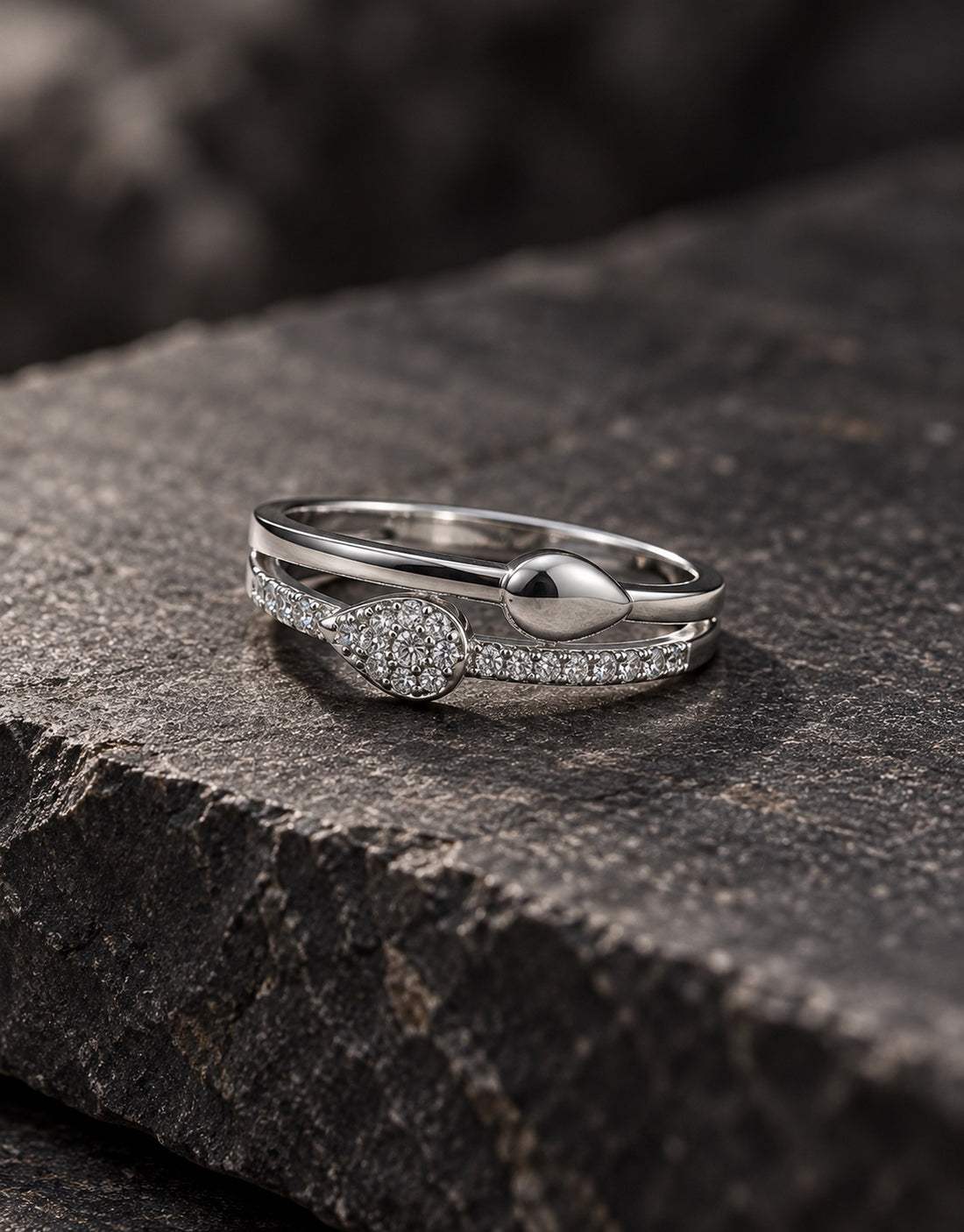Orneza Silver-Tone Pave Teardrop Double Band Ring — styled view