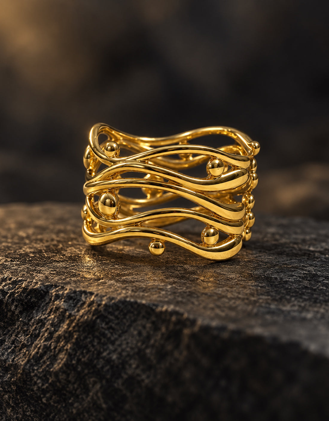 Orneza Gold-Tone Wavy Lattice Wide Ring — styled view