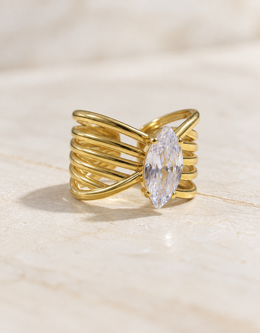 Orneza Gold-Tone Ribbed Marquise Stone Ring — angle view