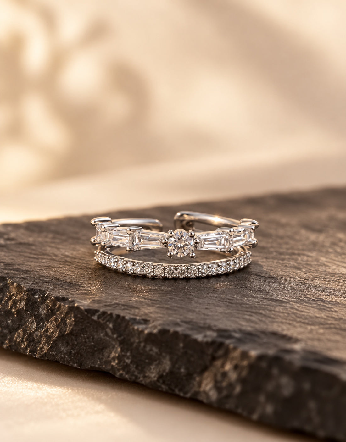 Orneza Silver-Tone Baguette and Pave Double Row Ring — styled view