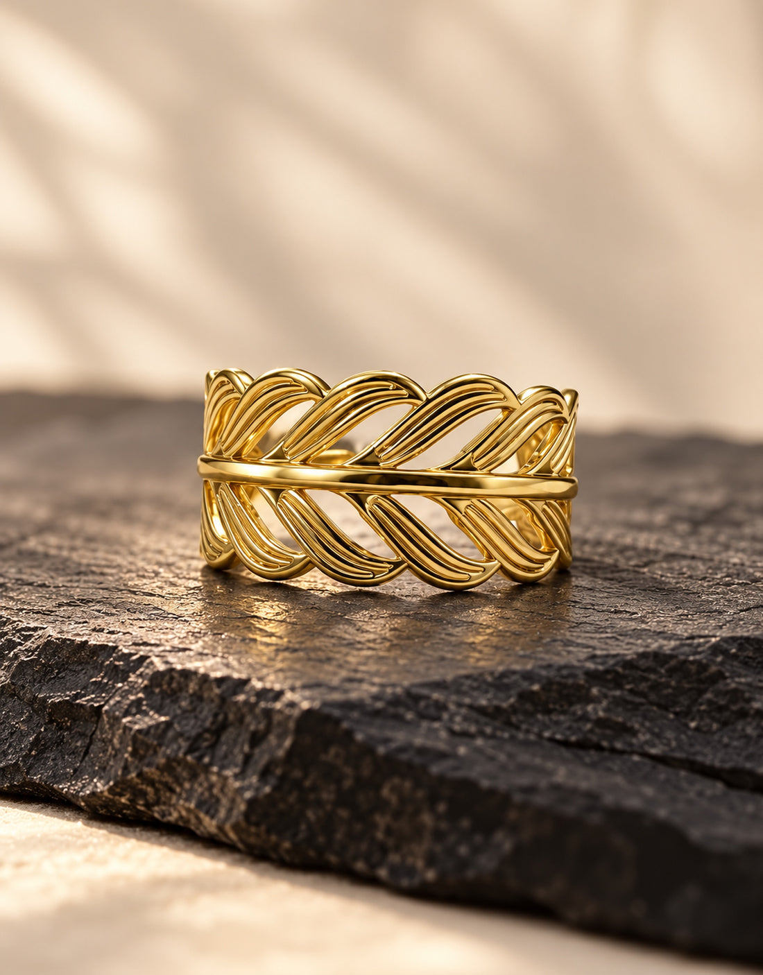 Orneza Gold-Tone Cutout Leaf Band Ring — styled view
