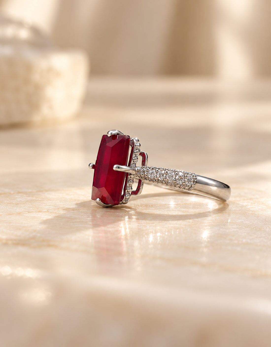 Orneza Silver-Tone Red Rectangle Stone Ring — angle view