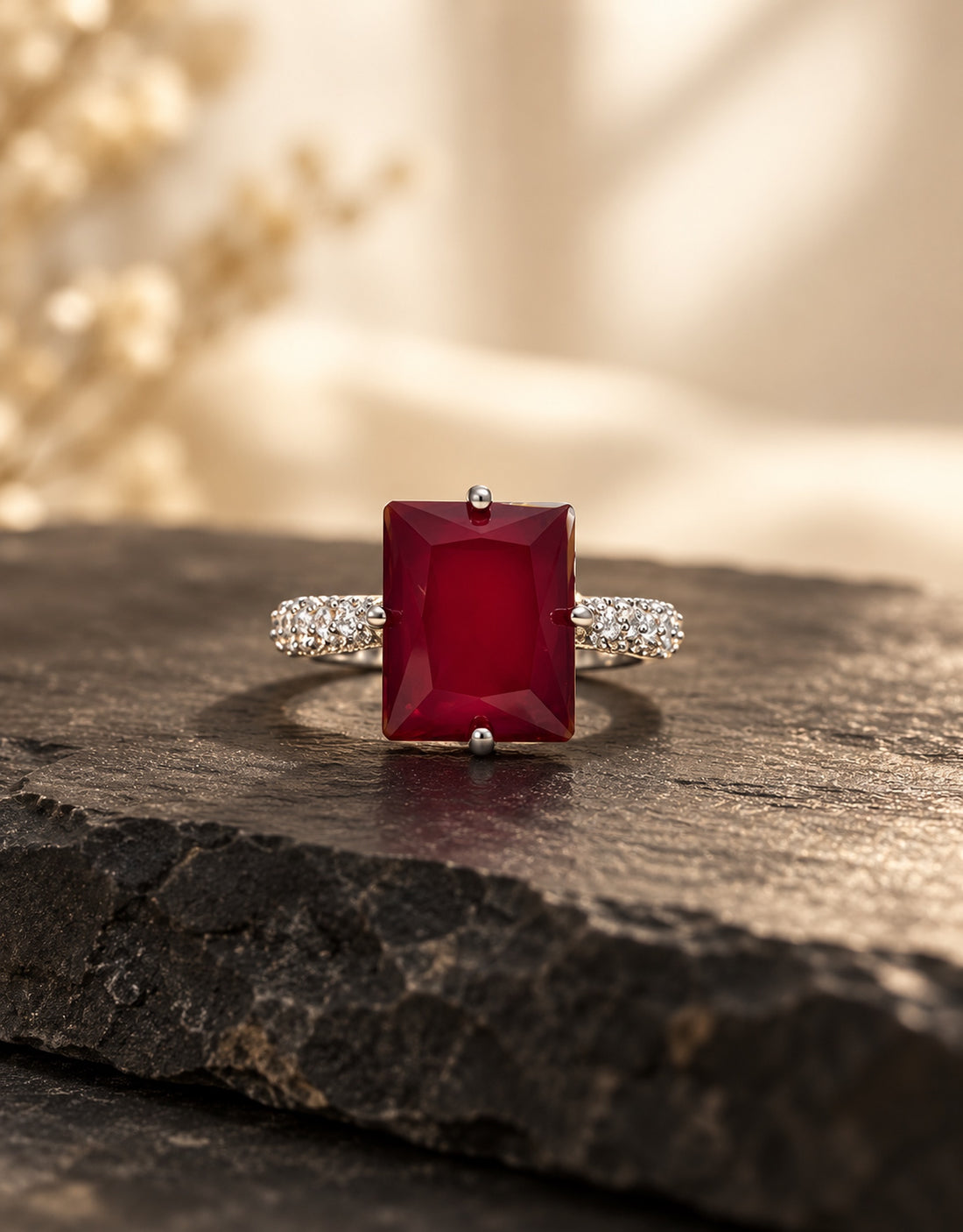 Orneza Silver-Tone Red Rectangle Stone Ring — styled view