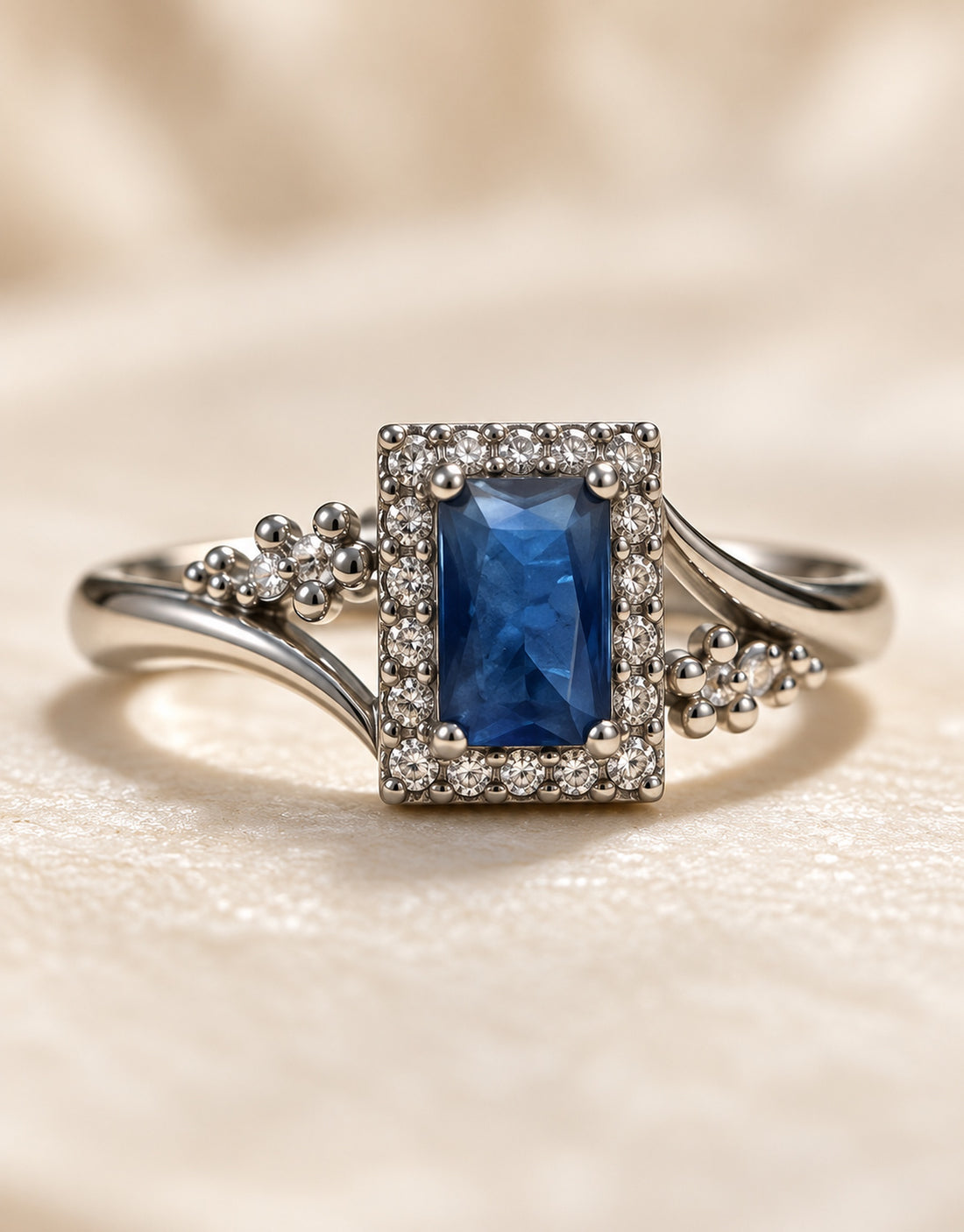 Orneza Silver-Tone Blue Rectangle Halo Ring — detail view