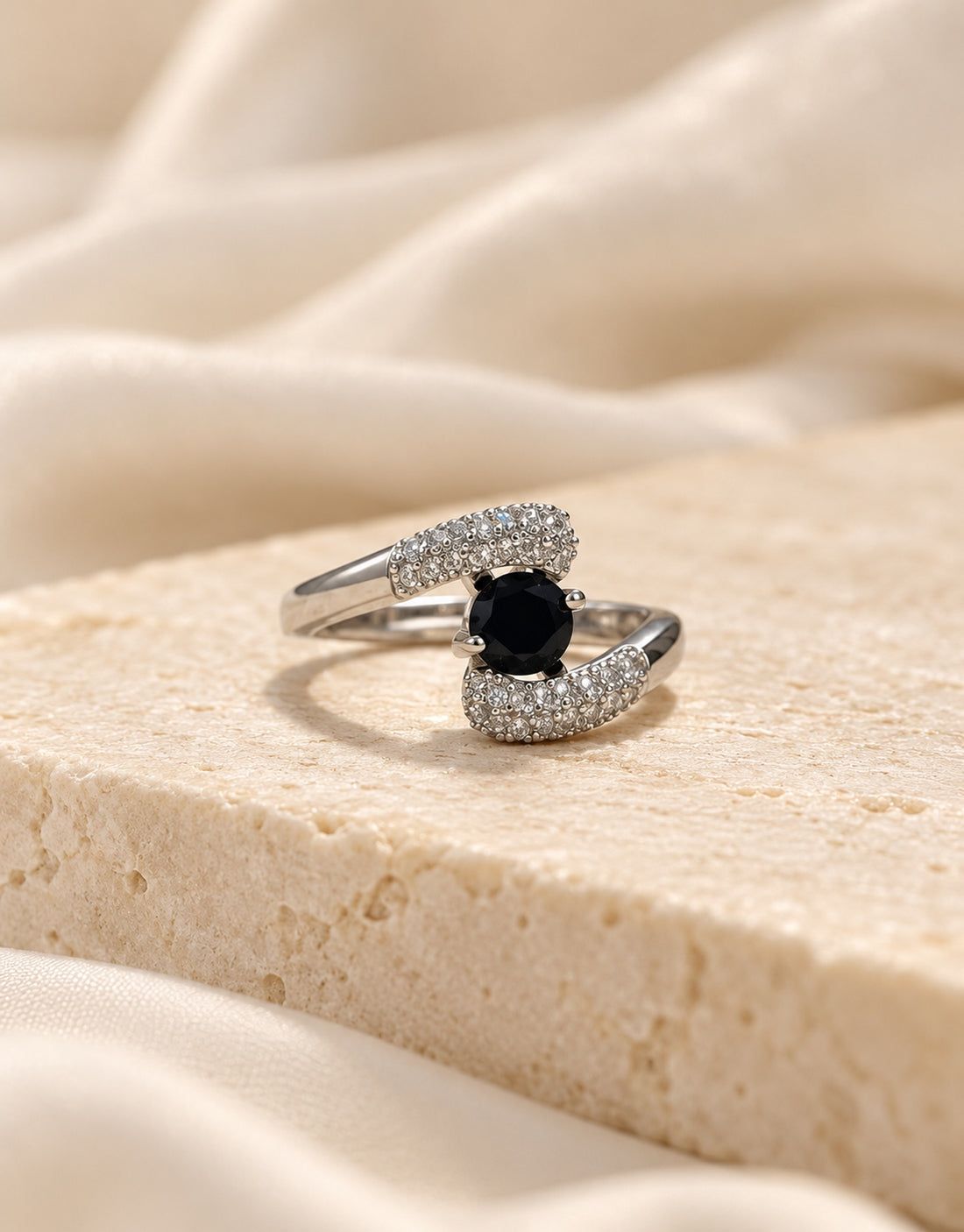 Orneza Silver-Tone Black Stone Pave Wrap Ring — styled view