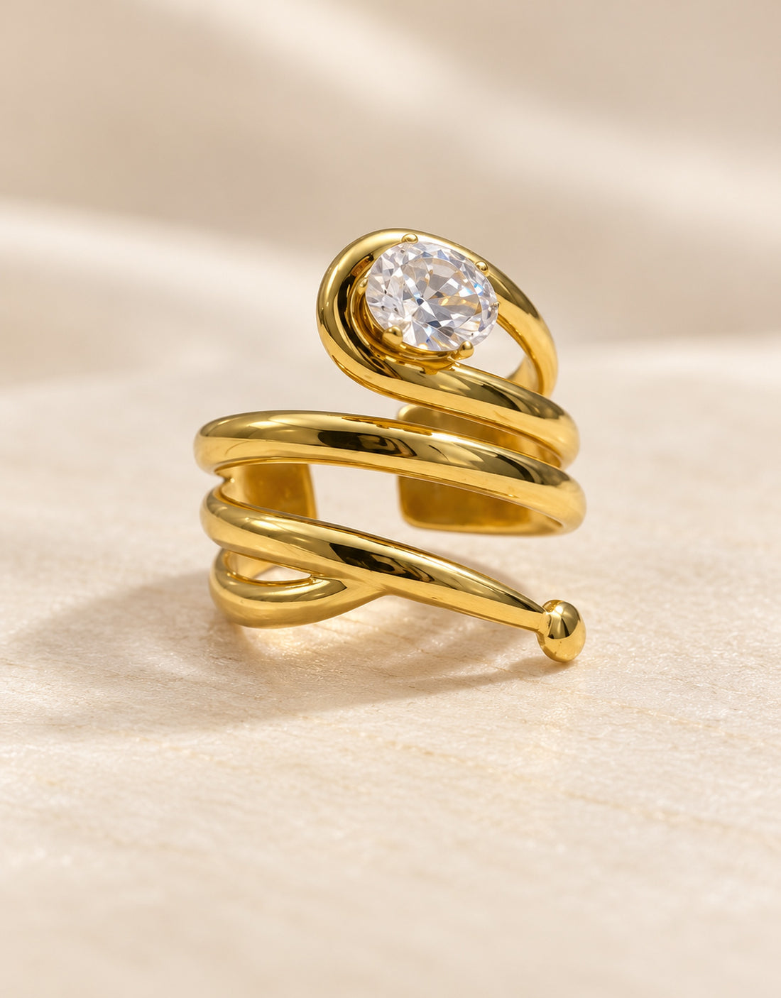 Orneza Gold-Tone Coiled Spiral Clear Stone Ring — angle view