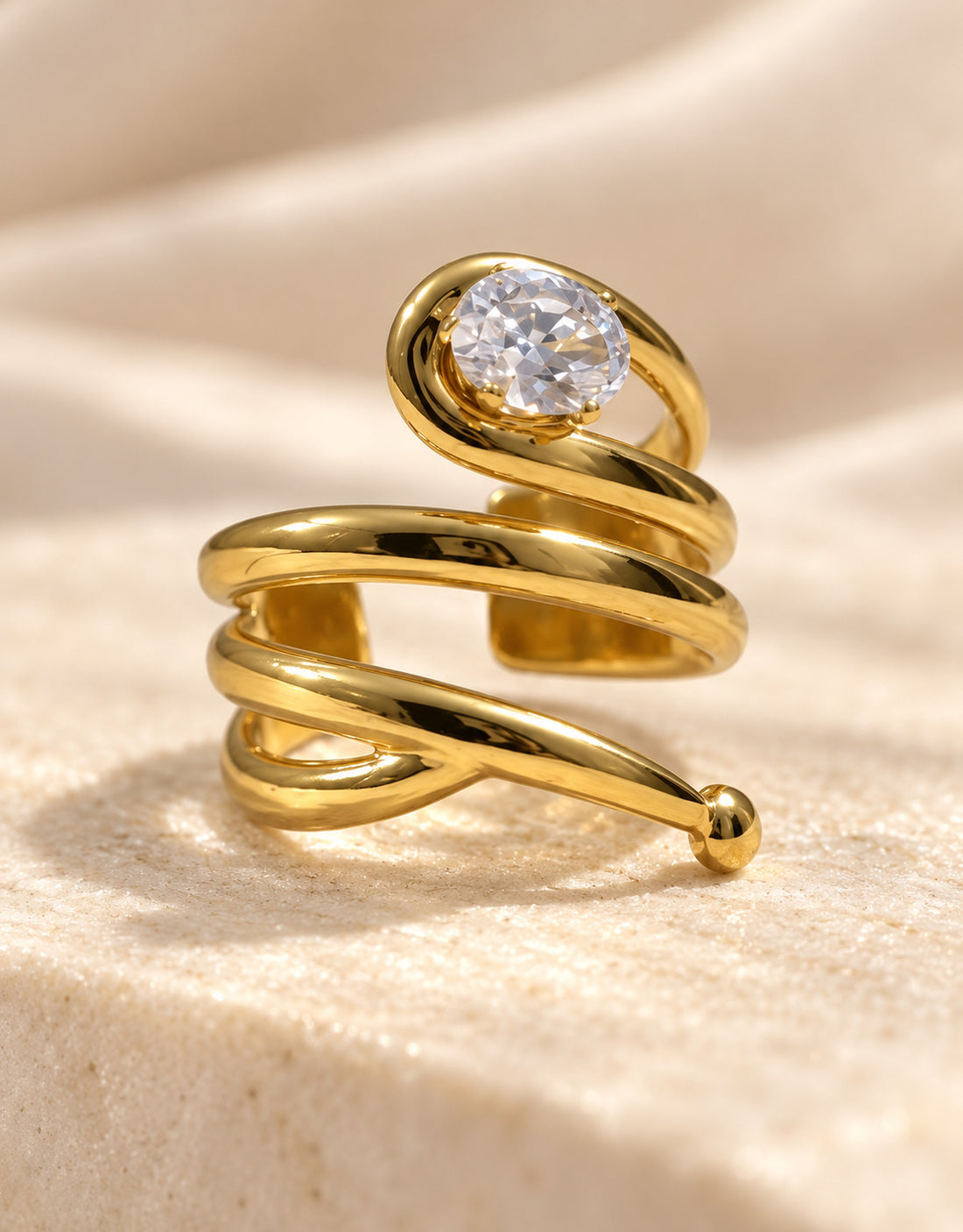 Orneza Gold-Tone Coiled Spiral Clear Stone Ring — detail view