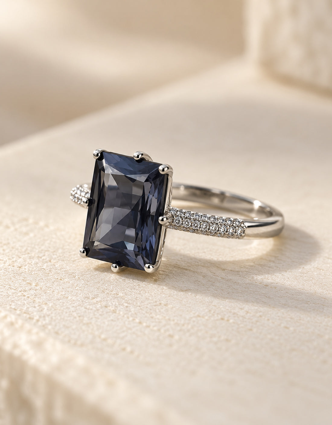 Orneza Silver-Tone Navy Rectangle Stone Ring — angle view