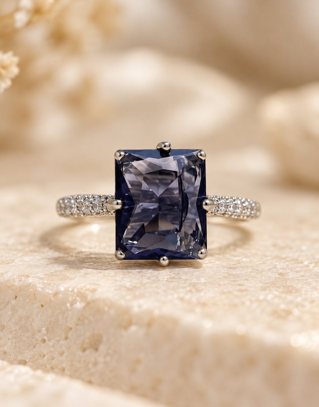 Orneza Silver-Tone Navy Rectangle Stone Ring — detail view