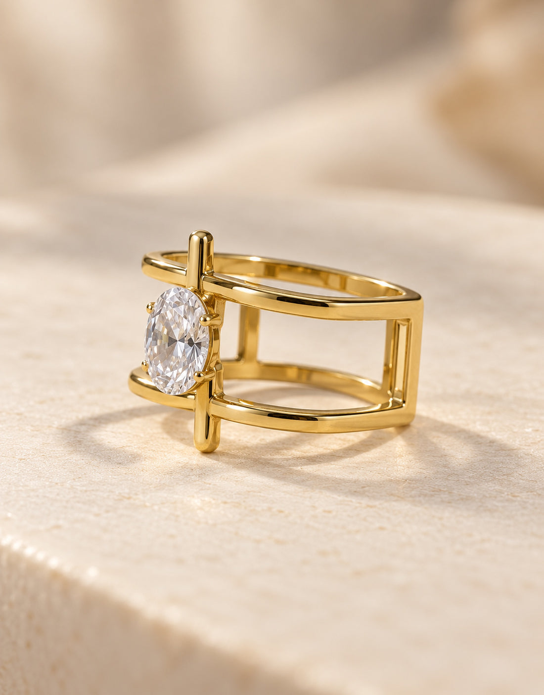 Orneza Gold-Tone Open Cage Oval Stone Ring — angle view