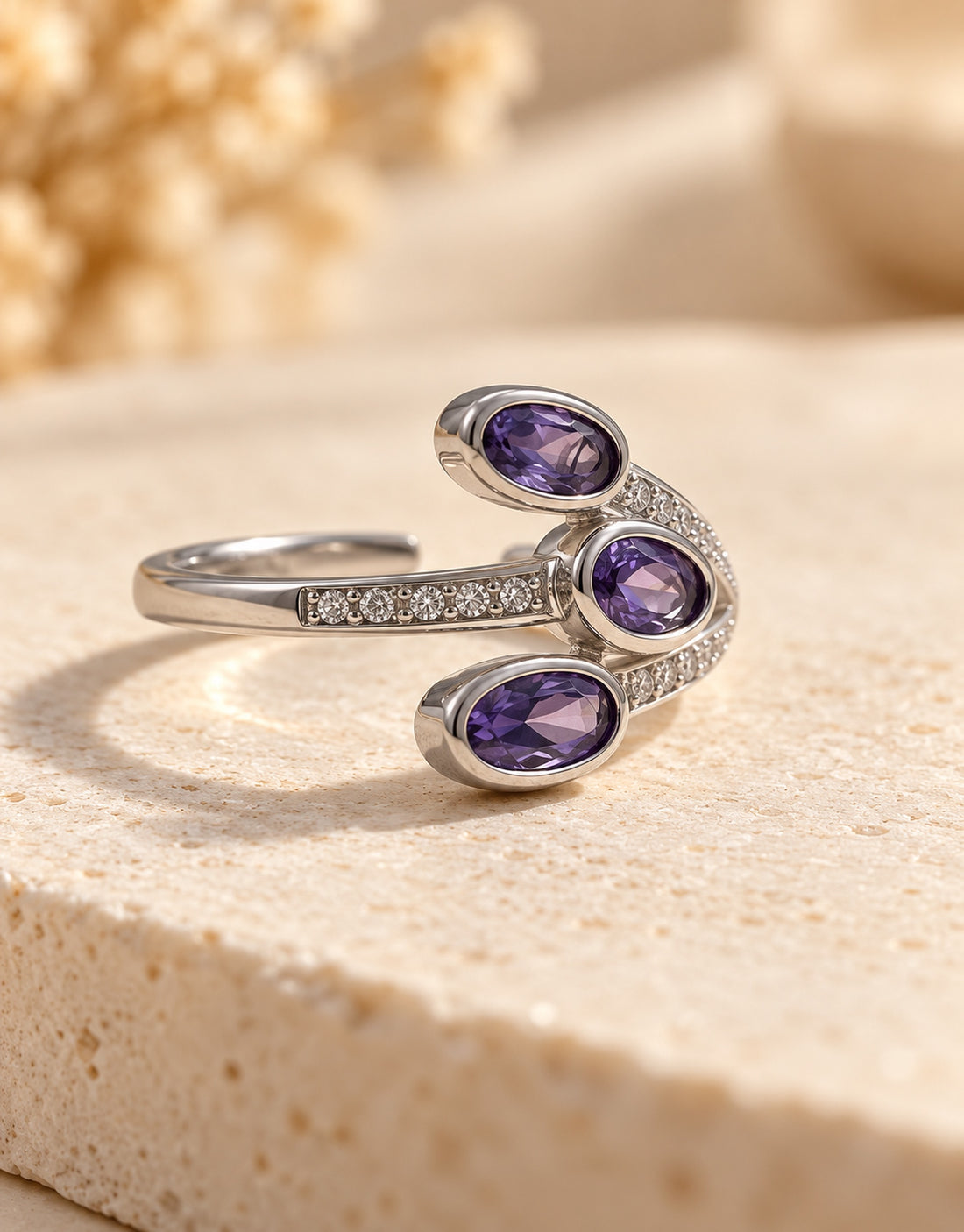 Orneza Silver-Tone Three Purple Stone Wrap Ring — detail view