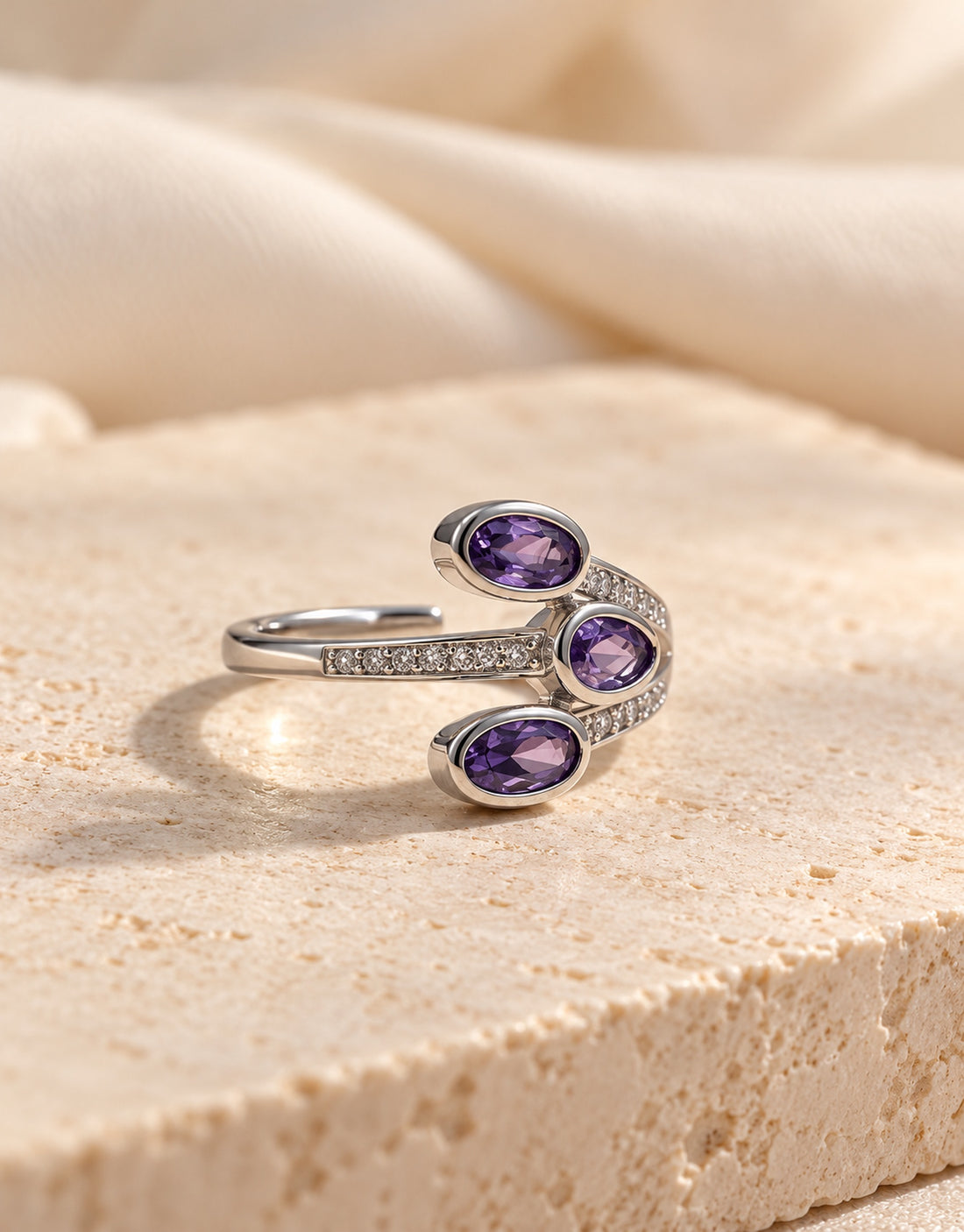 Orneza Silver-Tone Three Purple Stone Wrap Ring — styled view