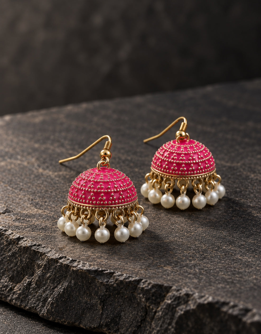 Orneza Fuchsia Dotted Enamel Jhumka Earrings with Pearls — styled view