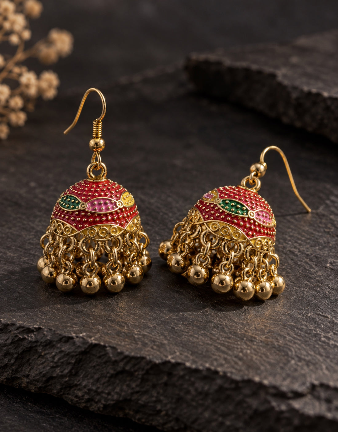 Orneza Gold-Tone Pink and Green Painted Jhumka Earrings — styled view