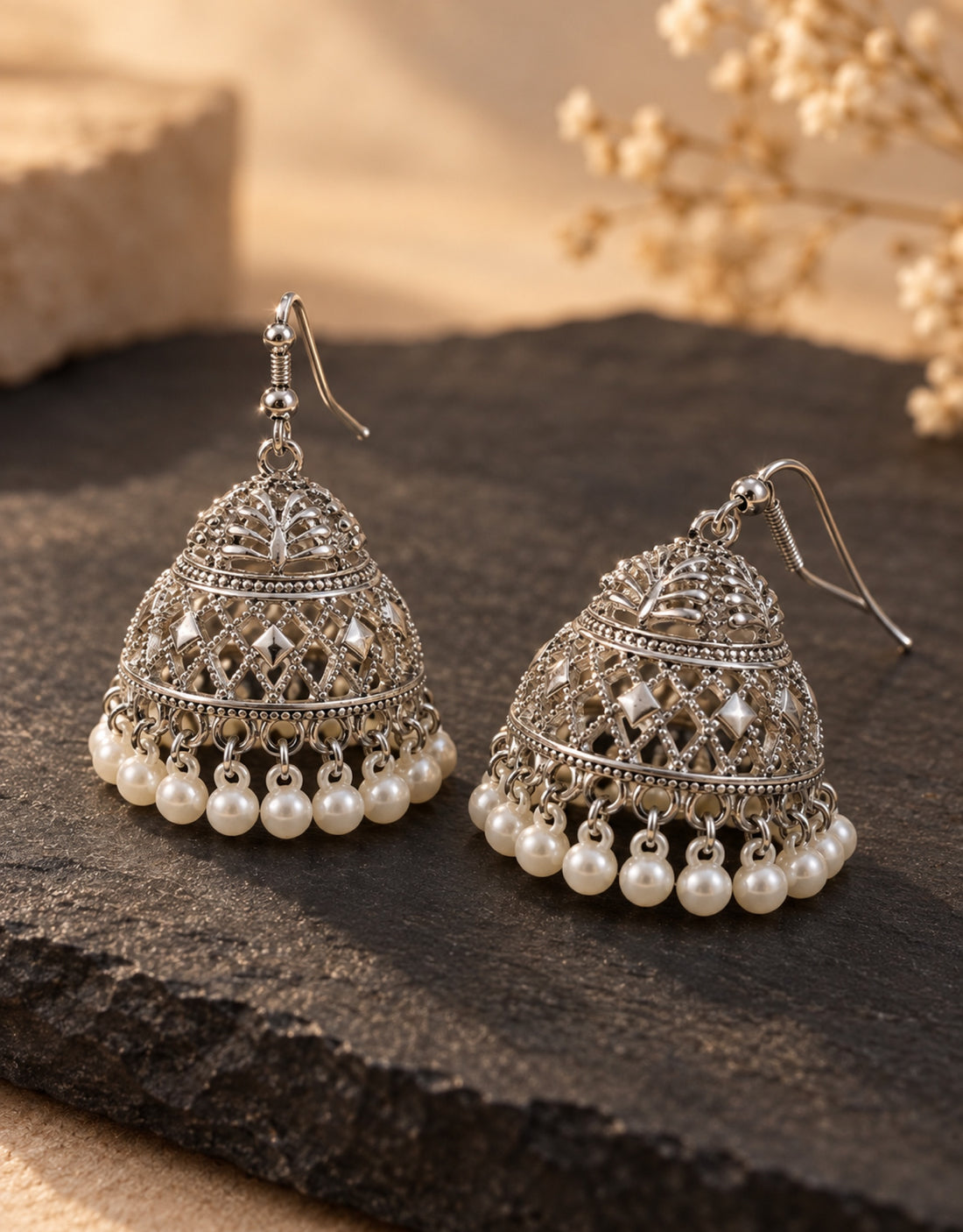 Orneza Silver-Tone Diamond Lattice Jhumka Earrings with Pearls — styled view