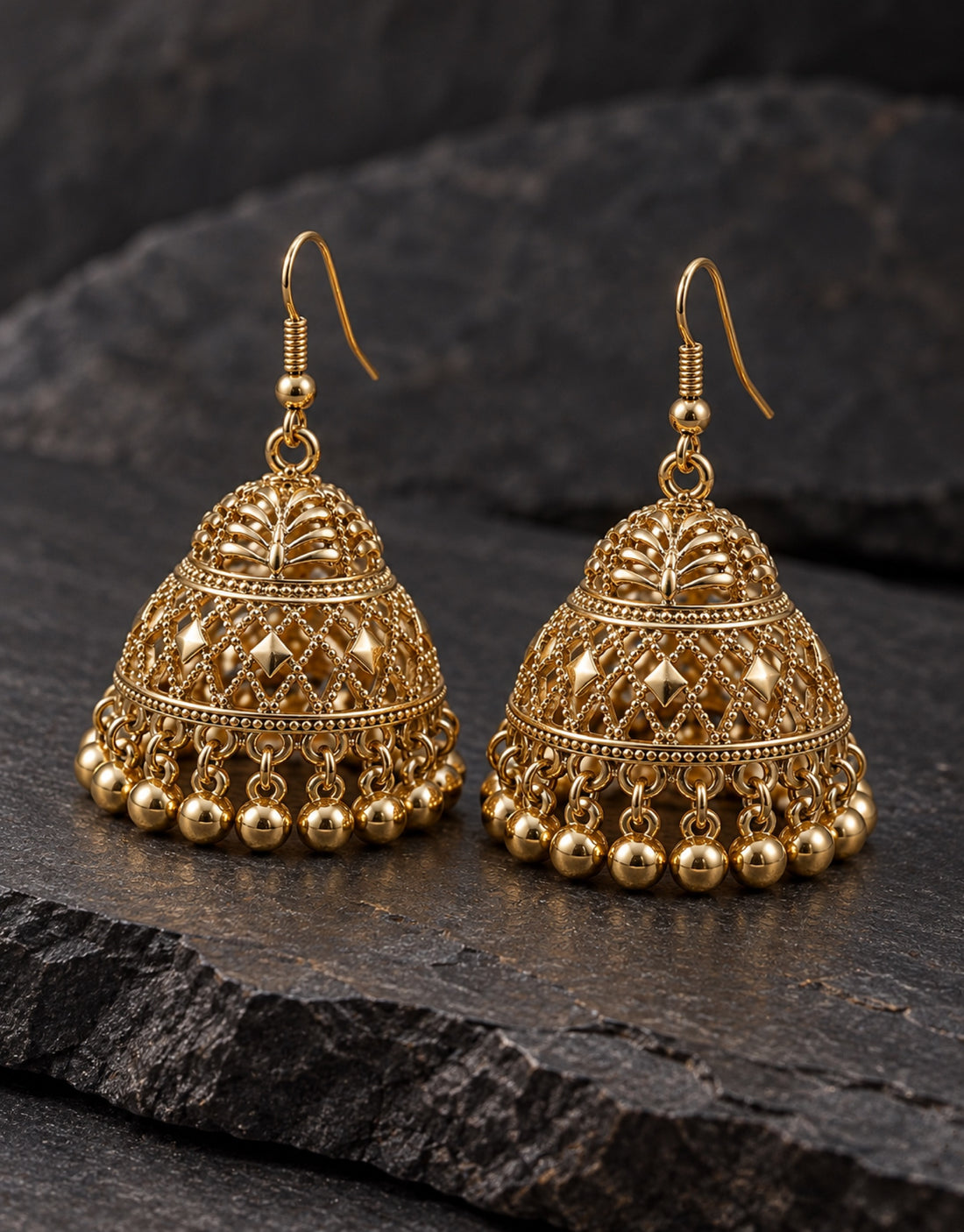 Orneza Gold-Tone Diamond Lattice Jhumka Earrings with Gold Beads — styled view