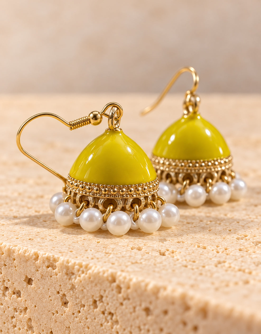 Orneza Yellow Enamel Jhumka Earrings with Pearls — close-up detail