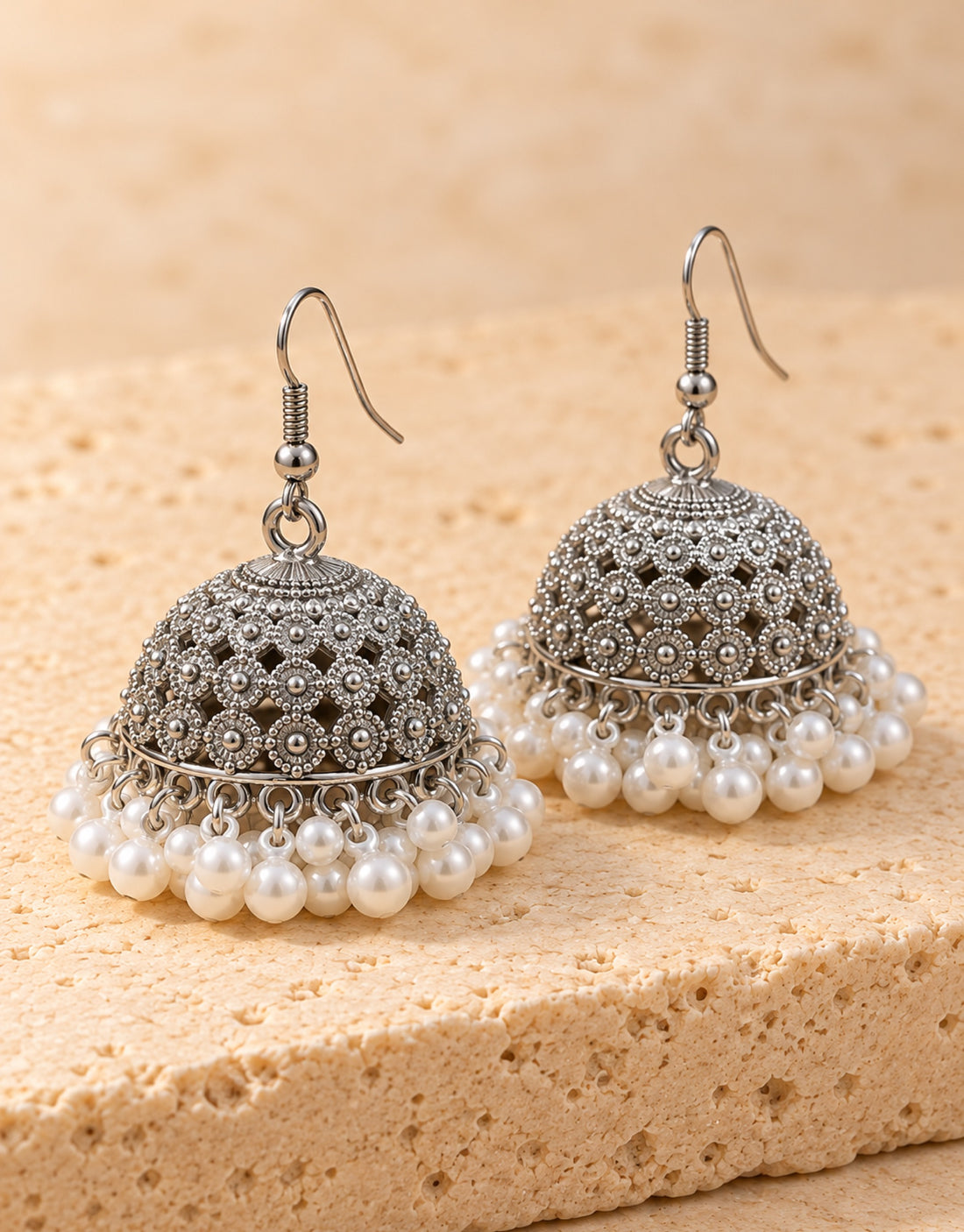 Orneza Silver-Tone Floral Lattice Jhumka Earrings with Pearls — angle view