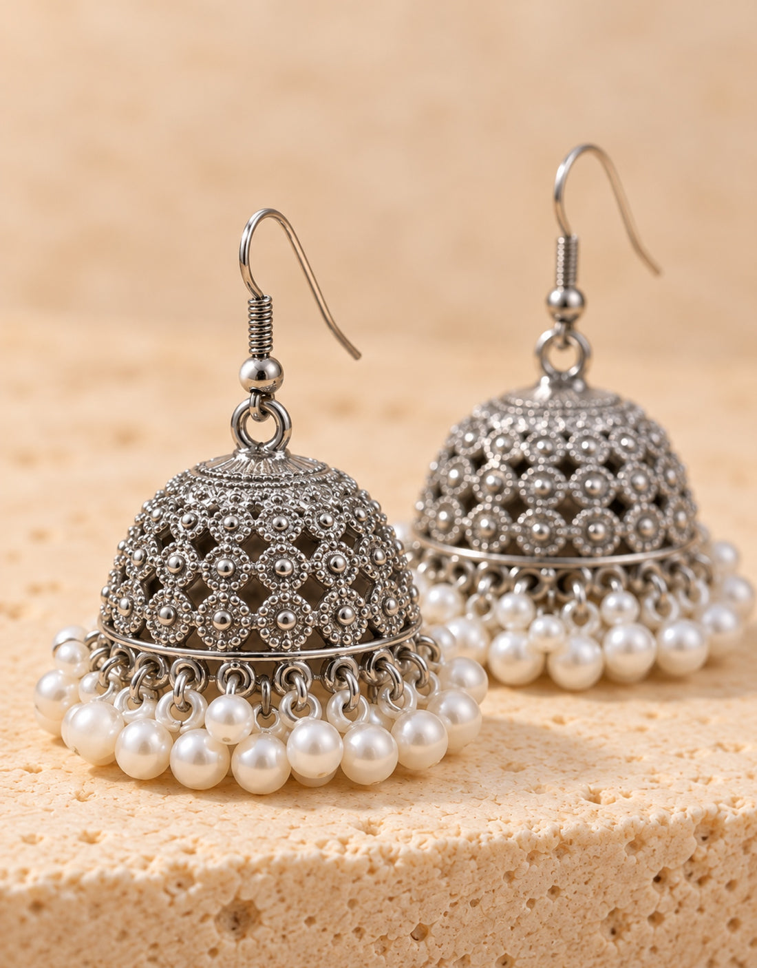 Orneza Silver-Tone Floral Lattice Jhumka Earrings with Pearls — close-up detail