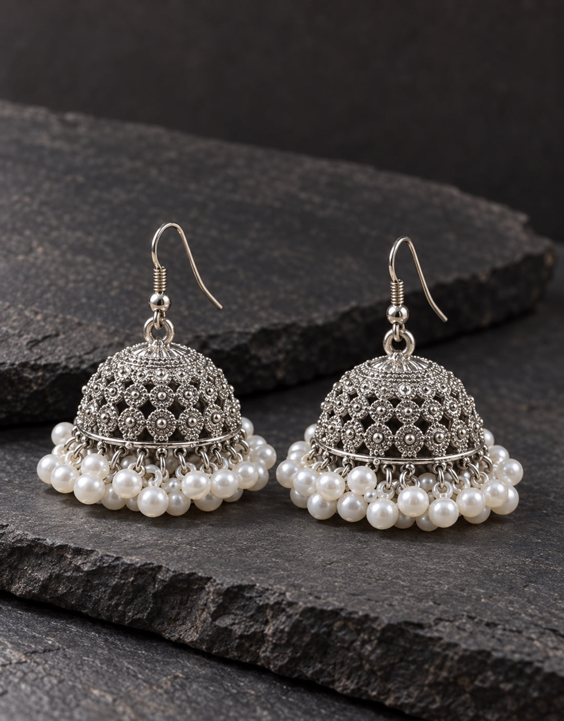 Orneza Silver-Tone Floral Lattice Jhumka Earrings with Pearls — styled view