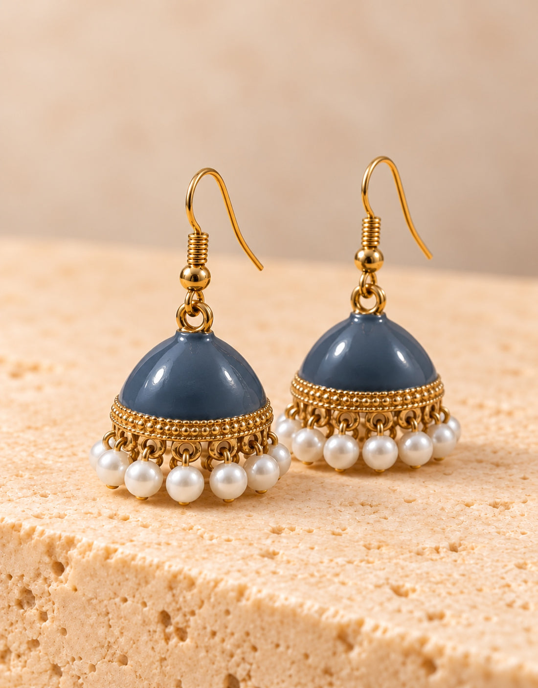 Orneza Slate Blue Enamel Jhumka Earrings with Pearls — angle view