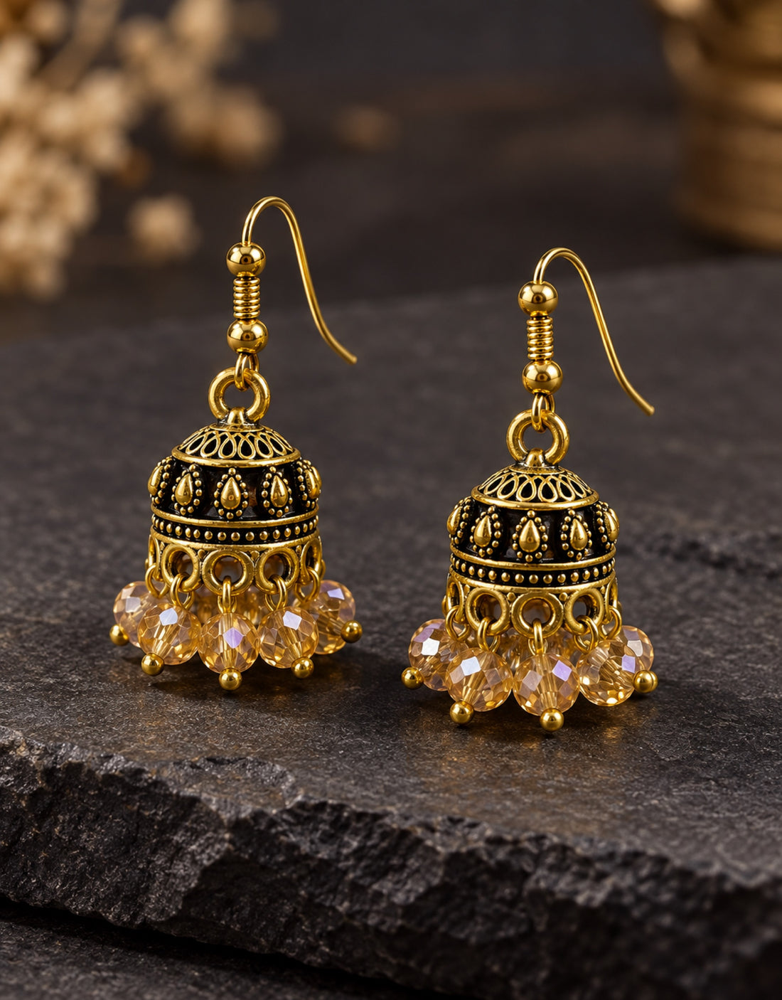 Orneza Antique Gold-Tone Mini Jhumka Earrings with Champagne Beads — styled view