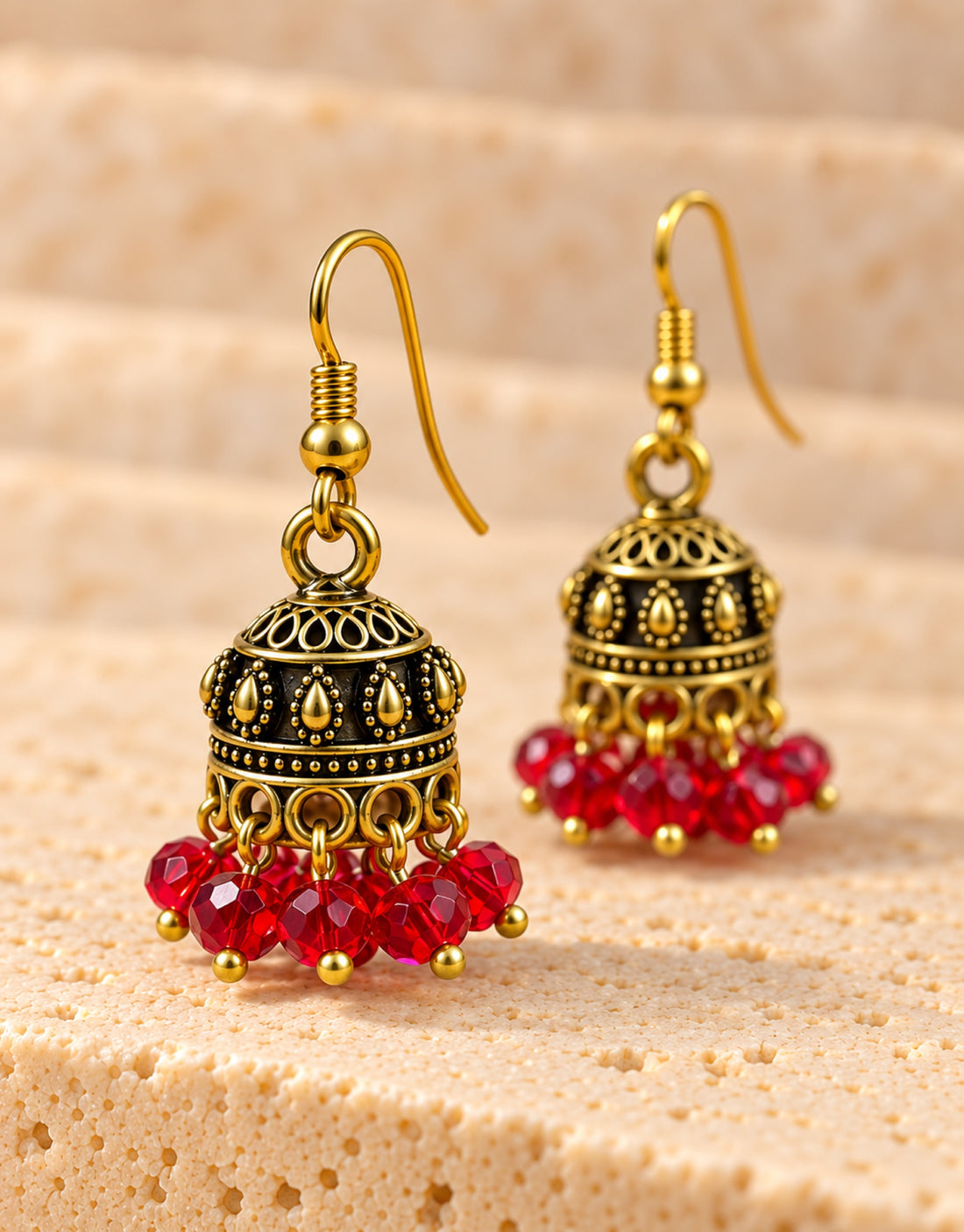 Orneza Antique Gold-Tone Mini Jhumka Earrings with Red Beads — close-up detail