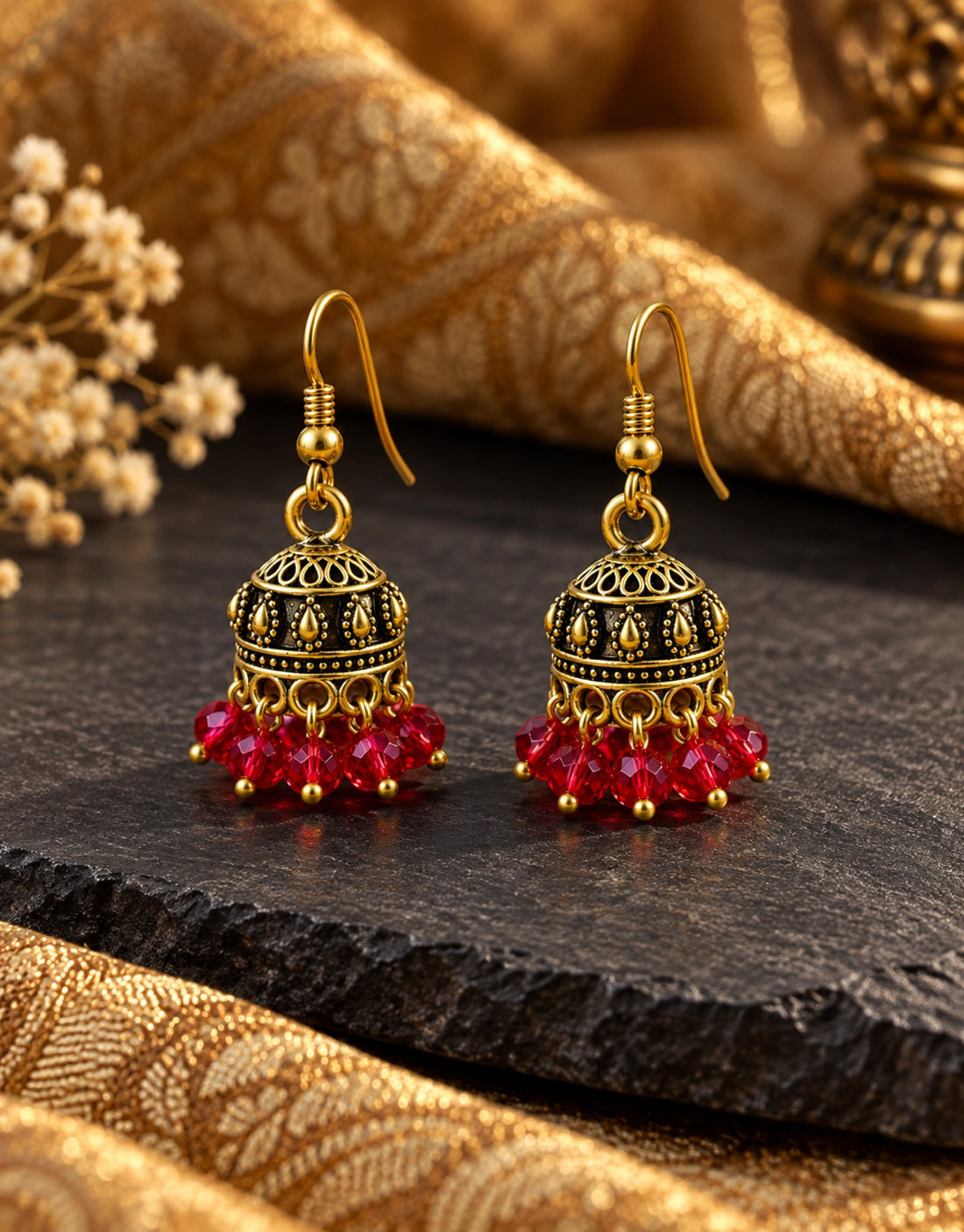 Orneza Antique Gold-Tone Mini Jhumka Earrings with Red Beads — styled view