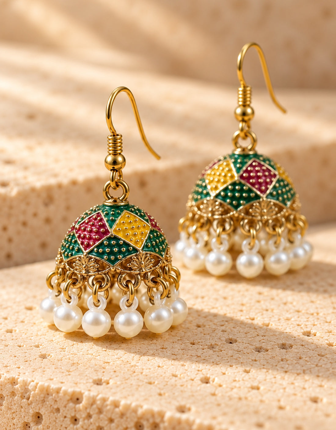 Orneza Harlequin Enamel Jhumka Earrings with Pearls — close-up detail