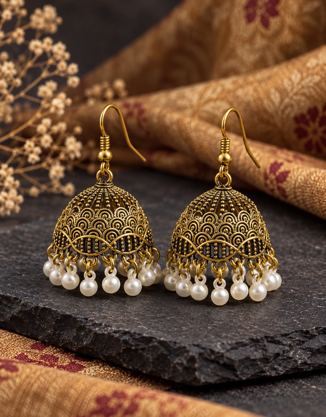 Orneza Antique Gold-Tone Scallop Pattern Jhumka Earrings with Pearls — styled view
