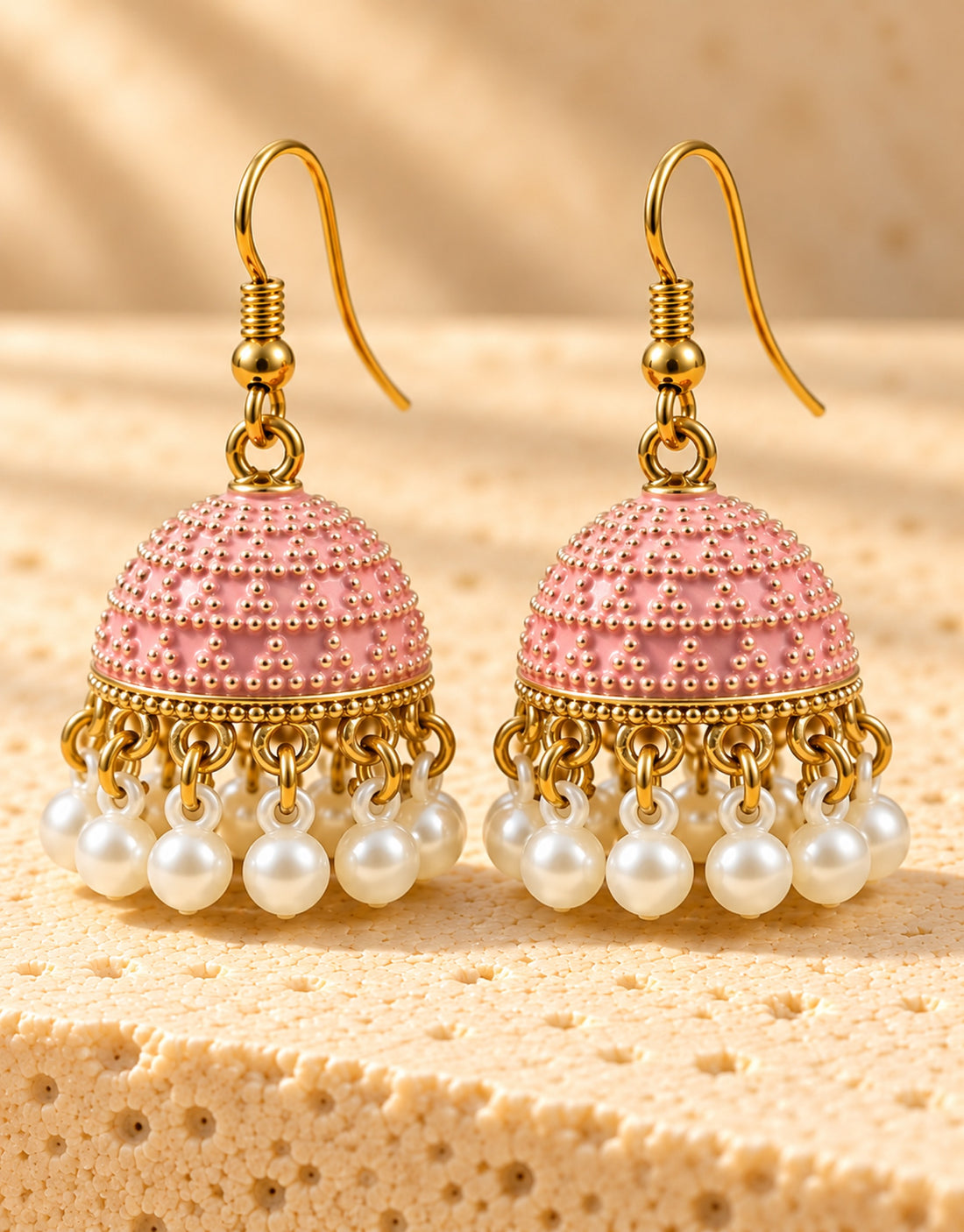 Orneza Pastel Pink Dotted Enamel Jhumka Earrings with Pearls — close-up detail