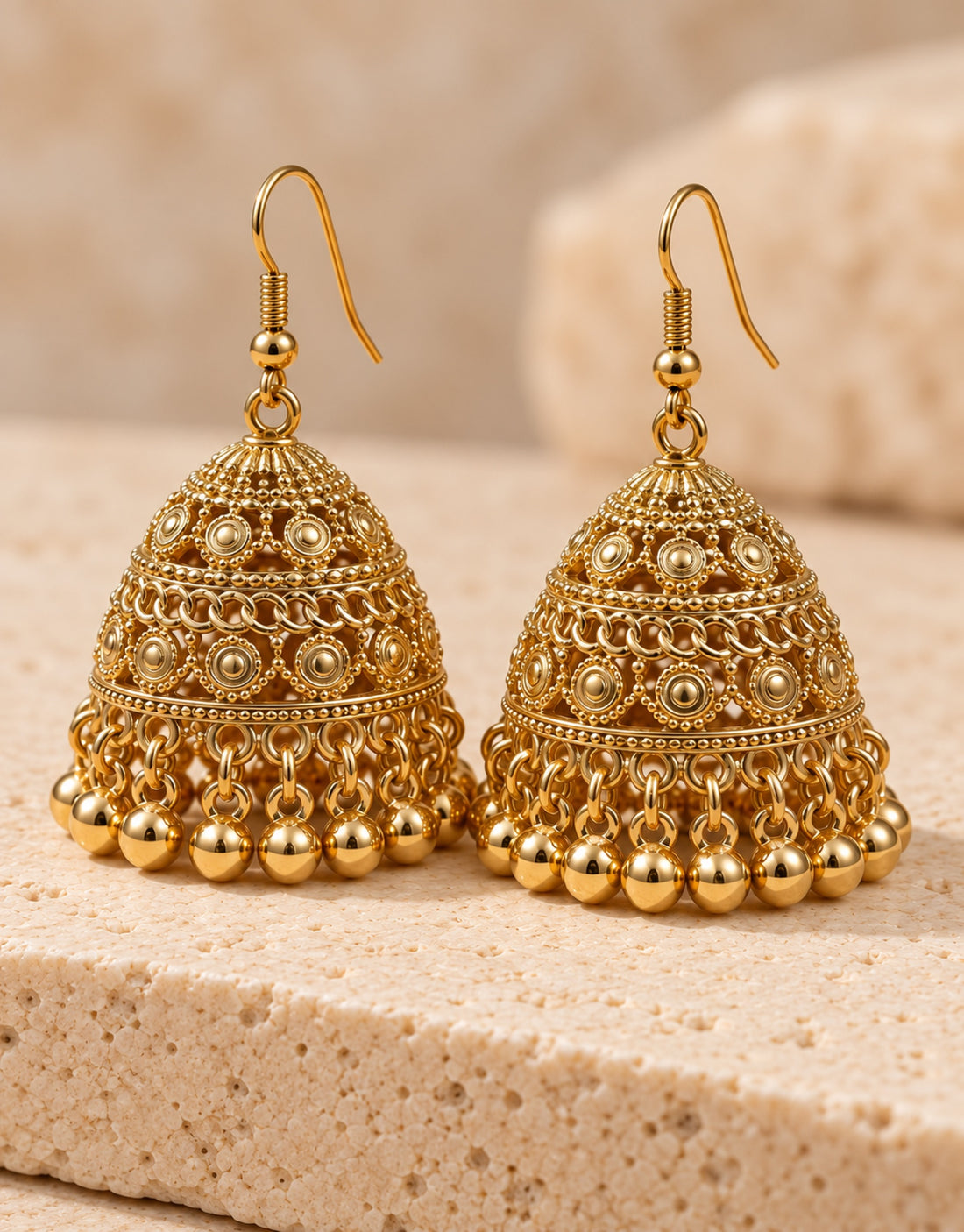 Orneza Gold-Tone Tiered Filigree Jhumka Earrings with Gold Beads — angle view