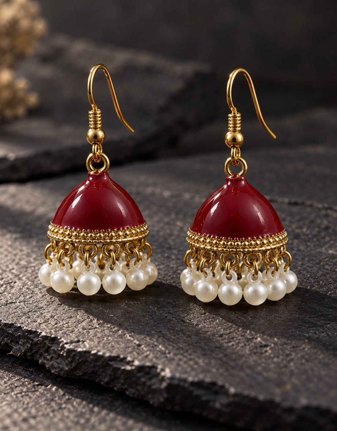 Orneza Maroon Enamel Jhumka Earrings with Pearls — styled view