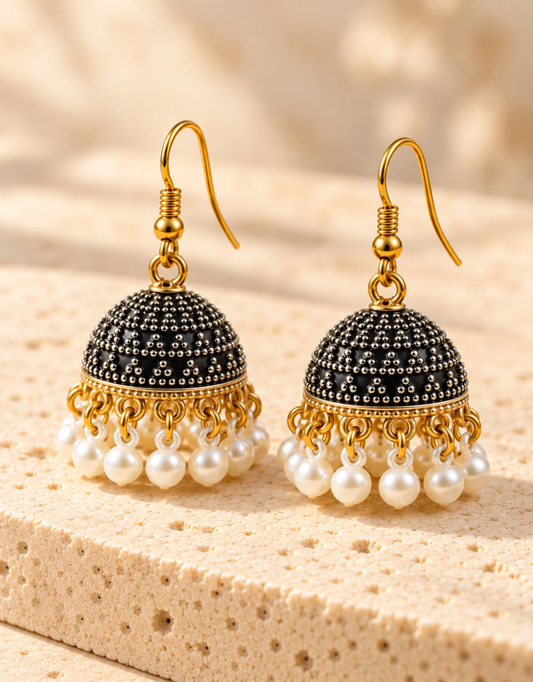 Orneza Black and Silver Dotted Jhumka Earrings with Pearls — angle view