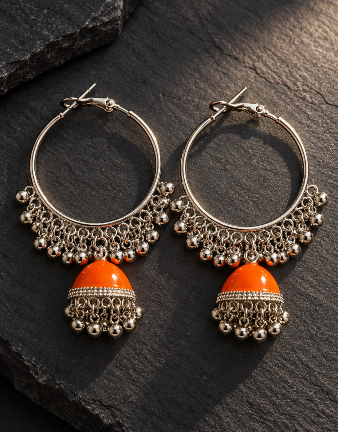 Orneza Silver-Tone Hoop Jhumka Earrings in Orange — styled view