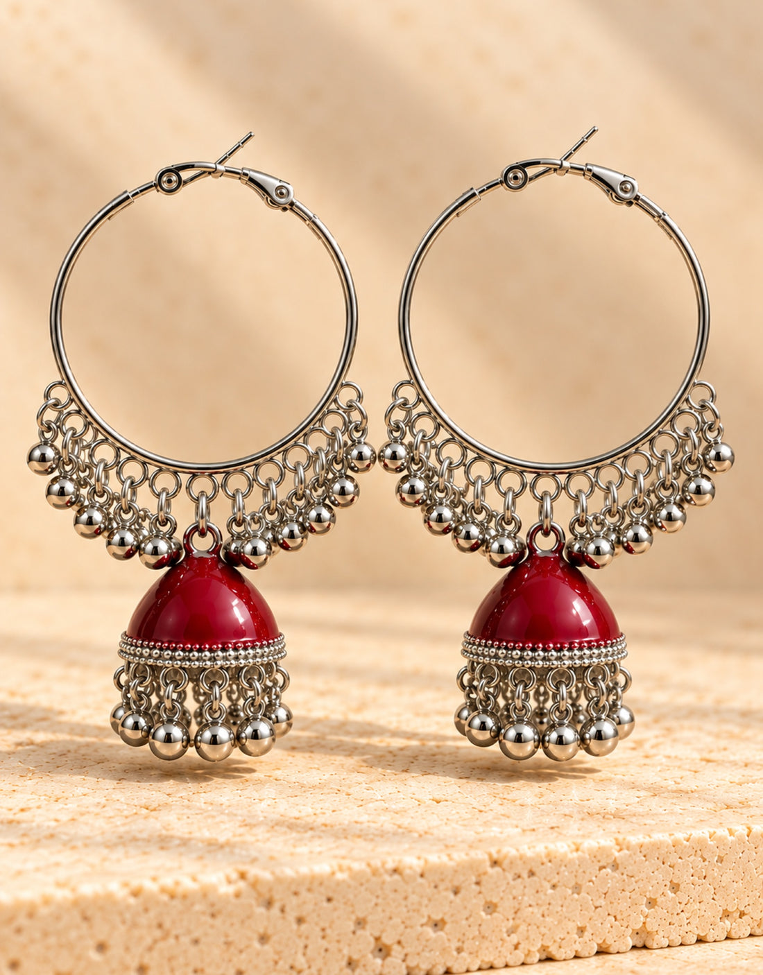 Orneza Silver-Tone Hoop Jhumka Earrings in Red — close-up detail