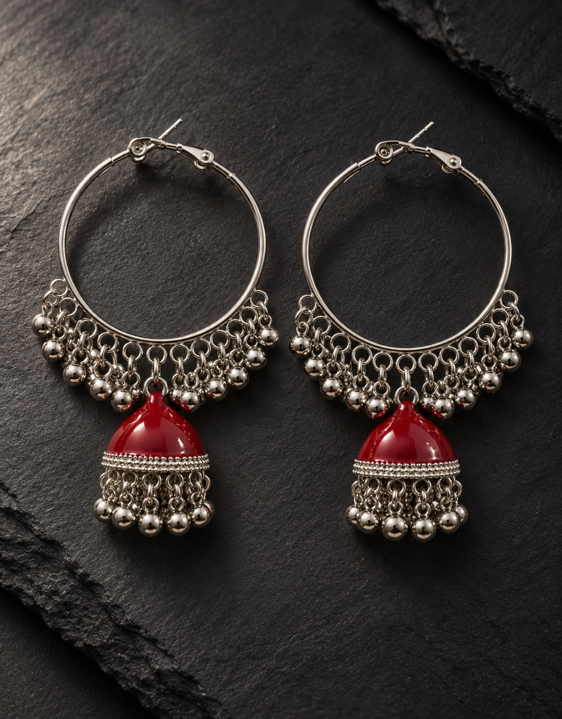 Orneza Silver-Tone Hoop Jhumka Earrings in Red — styled view